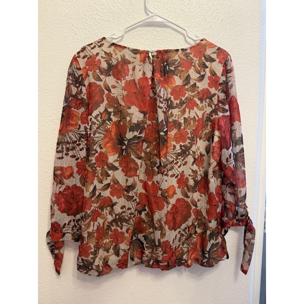 Sara Michelle Top Blouse XL/12 Pullover Bubble Hem Tie Sleeve Fall Colors Floral - Picture 4 of 11